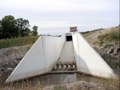 A photo taken from downstream of a SAF Stilling Basin.